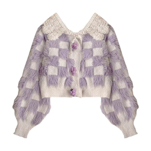 Fur Japanese Plaid Cardigan Sweaters Kawaii Women Y2K Autumn Loose Casual V-neck Single Breasted Kawaii Cropped Knitted Cardigan