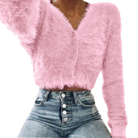 Furry  Pink Sweater Women Fashion V-neck Long Sleeve Casual button Crop kardigan 2019 Autumn Winter Popular Women's Cardigan