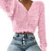 Furry  Pink Sweater Women Fashion V-neck Long Sleeve Casual button Crop kardigan 2019 Autumn Winter Popular Women's Cardigan