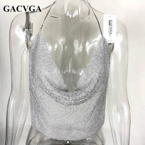 Crystal Diamond Sexy Backless Women Crop Tops Halter Tank Camis Cropped Bra Crop Top Strap Lady Party Vest T Shirt
