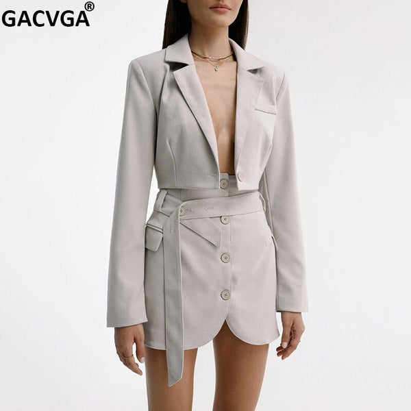 GACVGA Streetwear Blazer And Skirt Set 2023 Autumn Casual Long Sleeve Crop Top Suit Office Lady Two Piece Set Black Short Coats