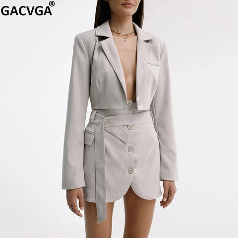 GACVGA Streetwear Blazer And Skirt Set 2023 Autumn Casual Long Sleeve Crop Top Suit Office Lady Two Piece Set Black Short Coats