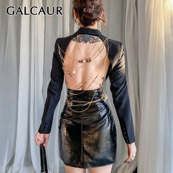 GALCAUR Back Patchwotk Metal Chain Women's Blazer Coat Lapel Collar Long Sleeve Hollow Out  For Female Causal Coat Fashiont Tide