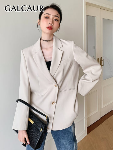 GALCAUR Beige Blazers For Women Notched Long Sleeve Patchwork Pocket Casual Slim Blazer Female Autumn Clothing 2023 New