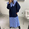 GALCAUR Korean Patchwork Coloblock Dress For Women Peter Pan Collar Long Sleeve Loose Midi Dresses Female Clothing New