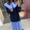 GALCAUR Korean Patchwork Coloblock Dress For Women Peter Pan Collar Long Sleeve Loose Midi Dresses Female Clothing New