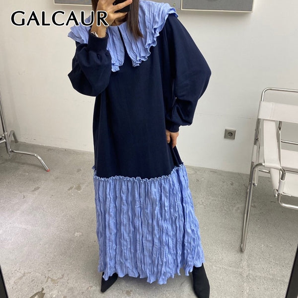 GALCAUR Korean Patchwork Coloblock Dress For Women Peter Pan Collar Long Sleeve Loose Midi Dresses Female Clothing New