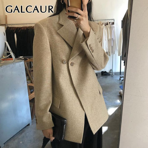 GALCAUR Korean Straight Casual Blazers For Women V Neck Long Sleeve Single Breasted Solid Blazer Female Clothing 2022