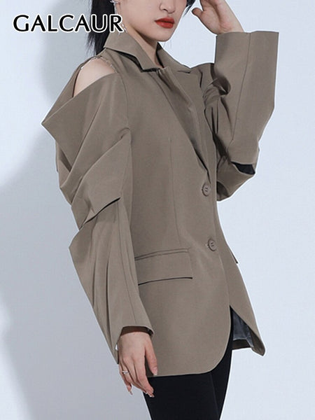 GALCAUR Off Shoulder Blazer Coats For Female Lapel Collar Long Sleeve High Waist Loose Solid Color Women's Casual Coat Fashion