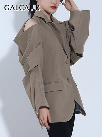 GALCAUR Off Shoulder Blazer Coats For Female Lapel Collar Long Sleeve High Waist Loose Solid Color Women's Casual Coat Fashion