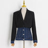 GALCAUR Patchwork Denim Blazer Coats For Female Lapel Collar Long Sleeve High Waist Slimming Women's Casual Coat Fashion