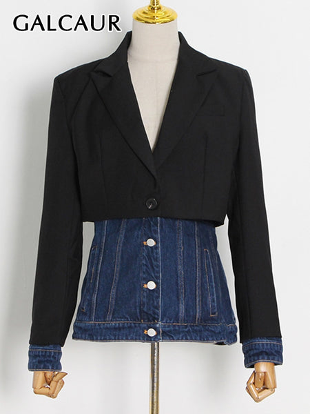GALCAUR Patchwork Denim Blazer Coats For Female Lapel Collar Long Sleeve High Waist Slimming Women's Casual Coat Fashion