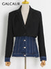 GALCAUR Patchwork Denim Blazer Coats For Female Lapel Collar Long Sleeve High Waist Slimming Women's Casual Coat Fashion