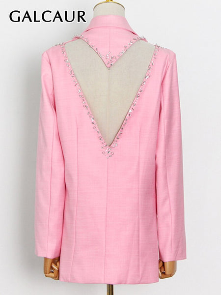 GALCAUR Patchwork Diamond Blazer Coats For Female Lapel Collar Long Sleeve Back Hollow Out High Waist Loose Women's Casual Coat