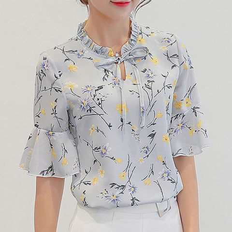 Chiffon Print Ruffles Sleeved Blusas Work Shirts For Womens Elegant Half Sleeve Blouses Plus Size Female Summer Tops