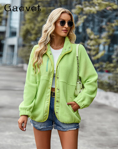 GAOVOT Sports Jacket For Women Winter Lapel Collar Long Sleeve Single Breasted All Match Versatile Casual Loose Top 2023 New