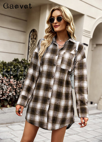GAOVOT Women’s Fall Retro Plaid Long Shirt Jacket 2023  Ladies Casual Lapel Collar Long Sleeve Single Breasted Cardigan Tops