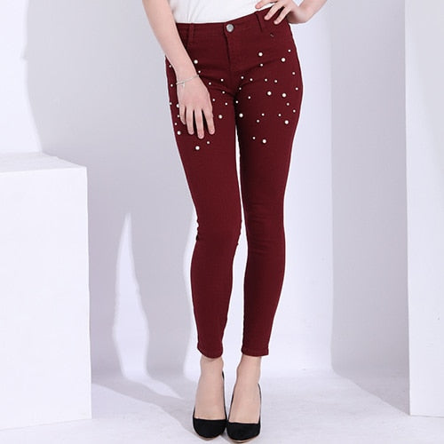 Beaded Pearl Female Jeans Woman Ankle Length Stretch Push Up Jeans With Beads Skinny Denim Pants Woman Vaqueros Mujer
