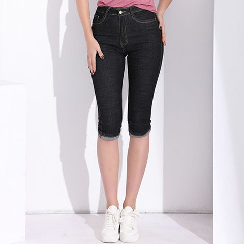 High Waist Jeans Women Sknniy Plus Size Sretch Flanging Knee Length Female Jeans Woman Black Denim Womens Shorts Summer