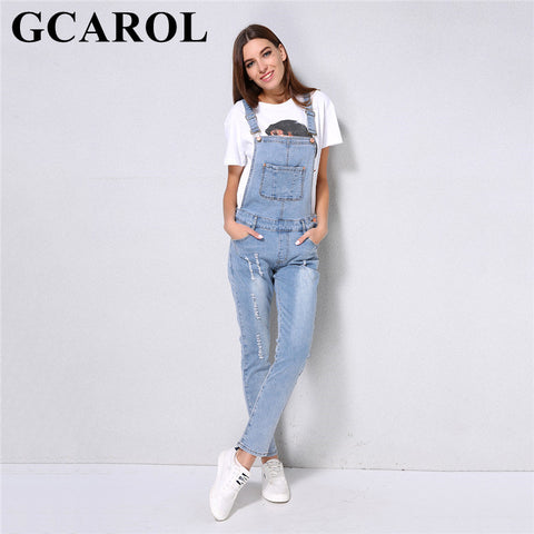 New Arrival Women Ripped Denim Jumpsuits High Quality Braces cowboy Light Blue Basic Overall For 4 Season