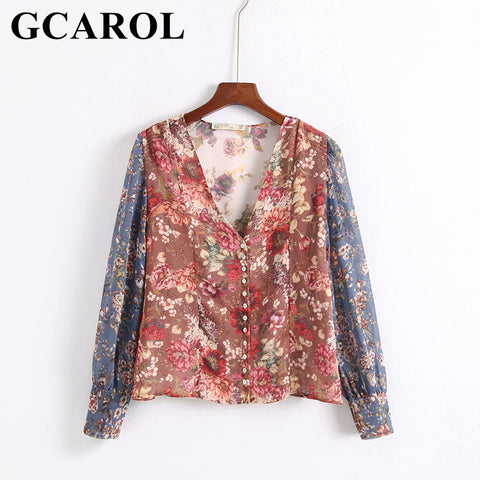New Autumn V Neck Women Spliced Floral Blouse Fashion Vintage Bottom Design Shirt Tops For Ladies
