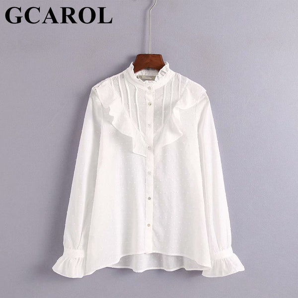New Collection Stand Collar Ruffles Women White Blouse Asymmetric Gauze Shirt Sweet Vintage Autumn Winter Tops