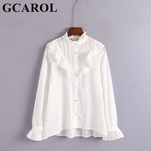 New Collection Stand Collar Ruffles Women White Blouse Asymmetric Gauze Shirt Sweet Vintage Autumn Winter Tops