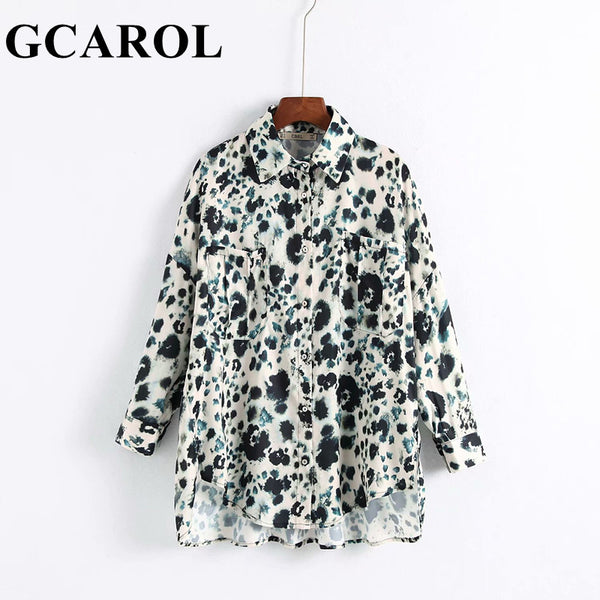 New Collection Women Leopard Floral Blouse Oversize Asymmetric Design Shirt 2 Pockets For 4 Season