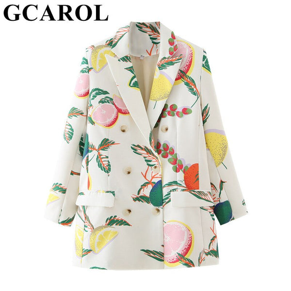 GCAROL Women Floral Fruits Printed White Suit Single-breasted Fresh Casual Sweet Multi-occasion Blazer Spring Autumn Outwear