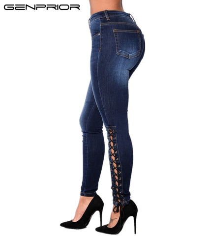 GENPRIOR Autumn New Women Fashion High Waist Elastic Bandage Lace Up Skinny Jeans Long Denim Female Pencil Pants Trouses