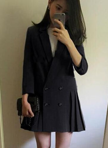 Spring Jacket Women Long Pleated Stitching Double Breasted Blazer Elegant V-Neck Black Gray Blazers For Women