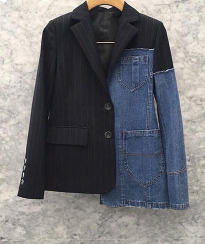 Women Blazer Jacket Denim Blazer Jeans Suit Women Blazers Long Sleeve Asymmetrical Coat Casual Striped Women Top Ladies