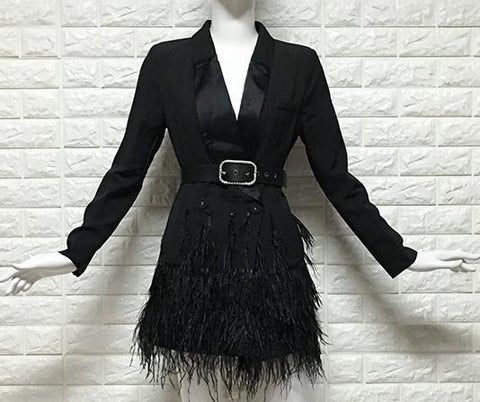 Women Blazer V Neck Ostrich Feather Tassel Jacket Office Blazers Jacket Women Formal Jacket Sexy Blazers Long Sleeve