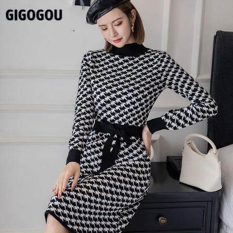GIGOGOU Houndstooth Women Long Knit A Line Dress Autumn Spring Half High Collar Pollover Sweater Dresses Christmas Party Dress