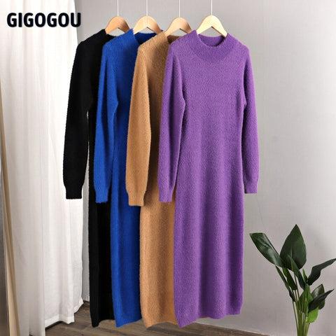 GIGOGOU  Mink Cashmere Bodycon Dresses For Women Long Knit Sweater Dress Korean  Winter Thick Warm Maxi Midi Dress