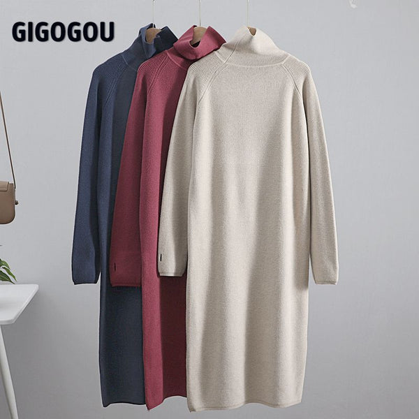GIGOGOU Thumb Hole Long Knit Women Maxi Sweater Retro Thick Warm Turtleneck Straight Dress Winter Christmas Party Dress Vestido