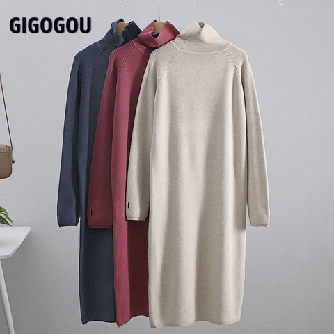 GIGOGOU Thumb Hole Long Knit Women Maxi Sweater Retro Thick Warm Turtleneck Straight Dress Winter Christmas Party Dress Vestido
