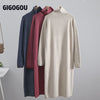 GIGOGOU Thumb Hole Long Knit Women Maxi Sweater Retro Thick Warm Turtleneck Straight Dress Winter Christmas Party Dress Vestido