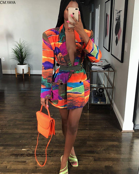 GL New Winter Autumn women Notched long sleeve Graffiti print blazers vintage Office Lady Outfit High Street Coat W5126