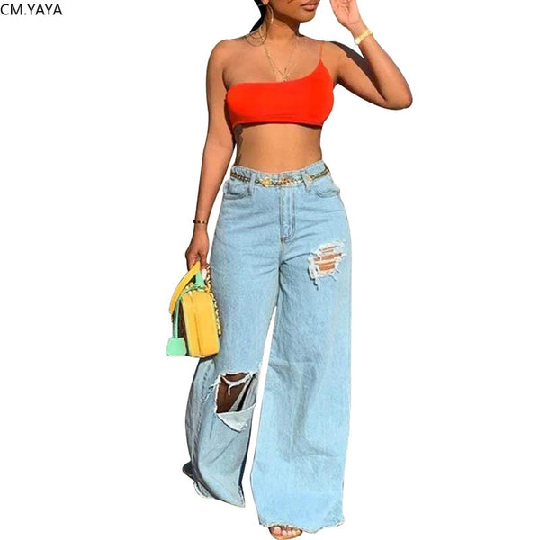 GL Winter Denim elastic Pants Women Retro Ripped Jeans Wide Leg Trousers Irregular Hole Casual Bell-Bottoms Pant Female Z060