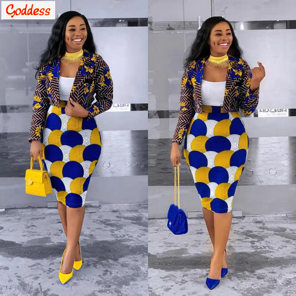 GODDESS 2023 Spring Women's Printed Short Suit Jacket + Temperament Package Hip Sexy Skirt 2-piece Casual Office Suit