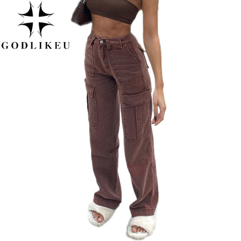GODLIKEU Brown Vintage Baggy Jeans Women Streetwear Pockets Wide Leg Cargo Pants Low Waist Straight Denim Trousers джинсы