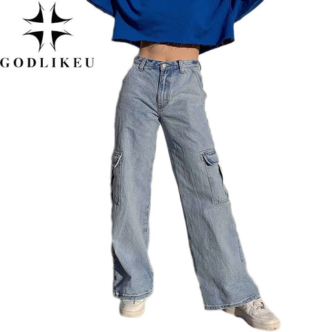 GODLIKEU Pockets High Waist Jeans Women Streetwear Straight Femme Blue Cotton Loose Casual Cargo Pants джинсы женские