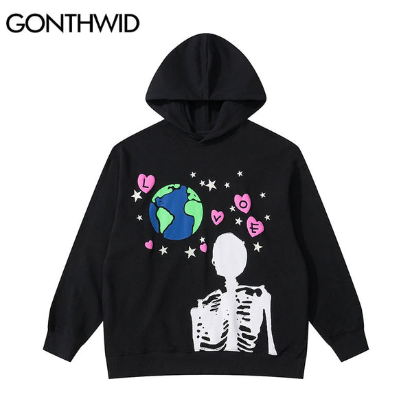 GONTHWID 2023 Hip Hop Hoodie Sweatshirt Streetwear Earth Skeleton Print Punk Gothic Hooded Winter Harajuku Cotton Pullover Black