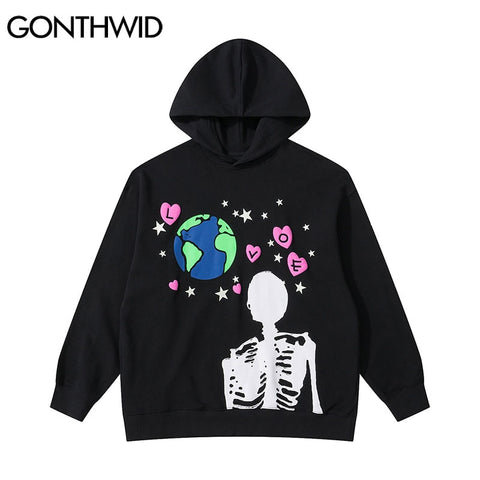 GONTHWID 2023 Hip Hop Hoodie Sweatshirt Streetwear Earth Skeleton Print Punk Gothic Hooded Winter Harajuku Cotton Pullover Black
