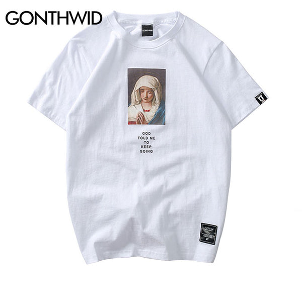 GONTHWID 2023 Men's Virgin Mary Printed Short Sleeve T Shirts Summer Casual Cotton Hip Hopo Tops Tees Streetwear Tshirts
