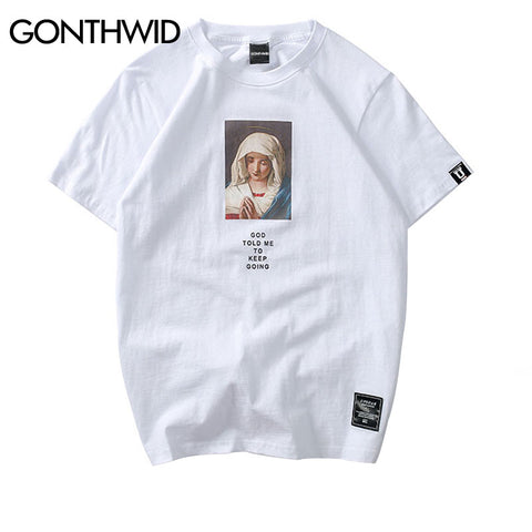 GONTHWID 2023 Men's Virgin Mary Printed Short Sleeve T Shirts Summer Casual Cotton Hip Hopo Tops Tees Streetwear Tshirts