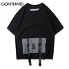 GONTHWID 3M Reflective Buckle Multi-Pockets Ribbon Tshirts 2023 Men Hip Hop Streetwear Tops Tees Harajuku Short Sleeve T Shirts