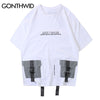 GONTHWID 3M Reflective Buckle Multi-Pockets Ribbon Tshirts 2023 Men Hip Hop Streetwear Tops Tees Harajuku Short Sleeve T Shirts