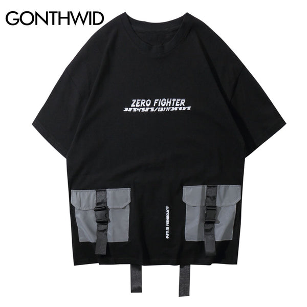 GONTHWID 3M Reflective Buckle Multi-Pockets Ribbon Tshirts 2023 Men Hip Hop Streetwear Tops Tees Harajuku Short Sleeve T Shirts